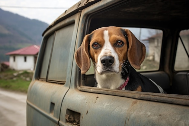 A beagles head sticking out from a window of a rustic minivan in a rural setting