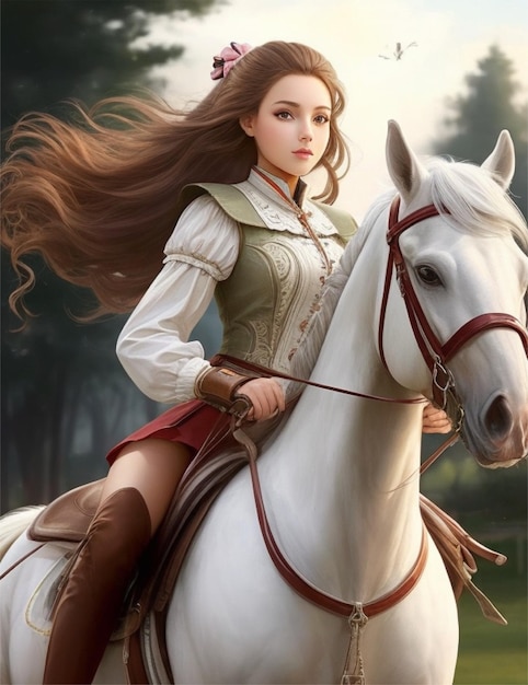 아름다운 소녀가 말을 타고 있다