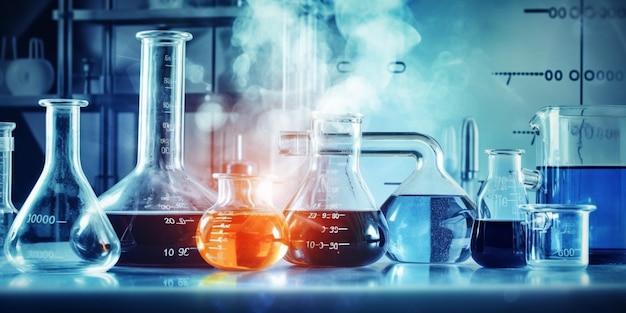 化学構造の青いバナーの背景を持つ科学研究室のビーカーとフラスコ