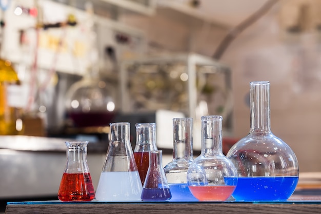 Beaker with colorful liquid in the laboratory