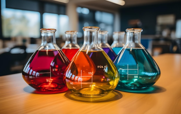 Photo beakers filled with chemicals