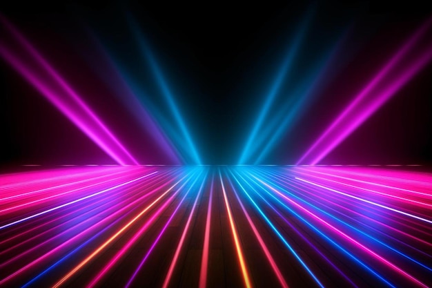 Beam of neon glowing light rods stage background