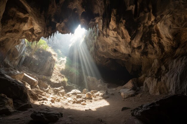 A beam of sun light illuminates the cave generative ai