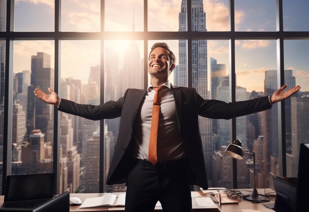 A Beaming Businessman Exemplifies Success with a Full Body Office Portrait