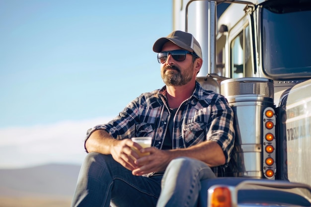 Photo beaming man with cargo truck