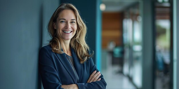 beaming selfassured female professional with folded arms against wall in workplace
