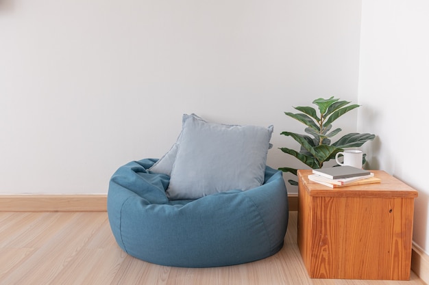 Bean bag in a clear living room with wooden floor and clear white wall