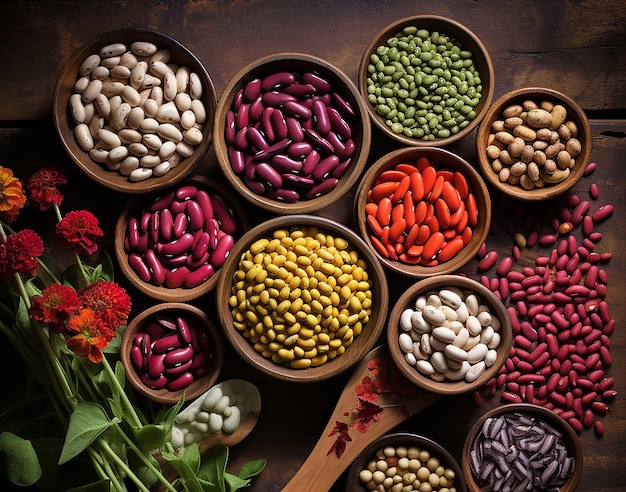 Bean groats on a wooden table various types of beans chickpeas and lentils AI generated