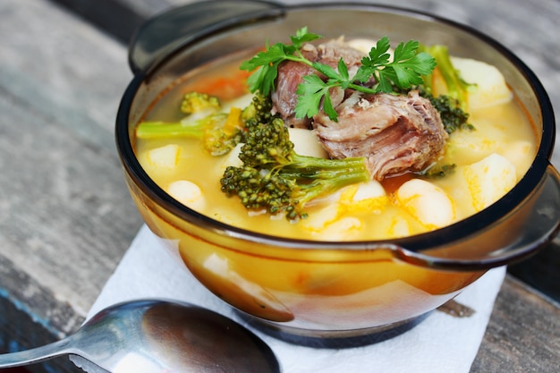 Bean Soup with meat in a bowl