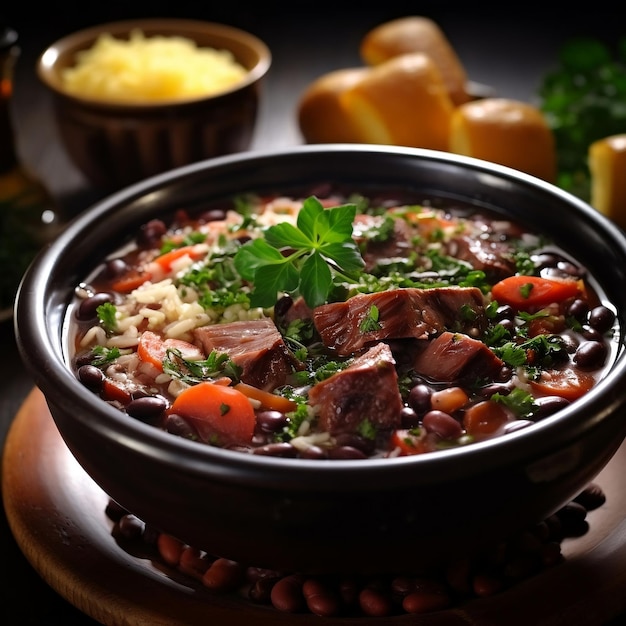 Bean soup with meat and vegetables in a pot on the table