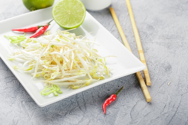 Bean sprouts in white plate.