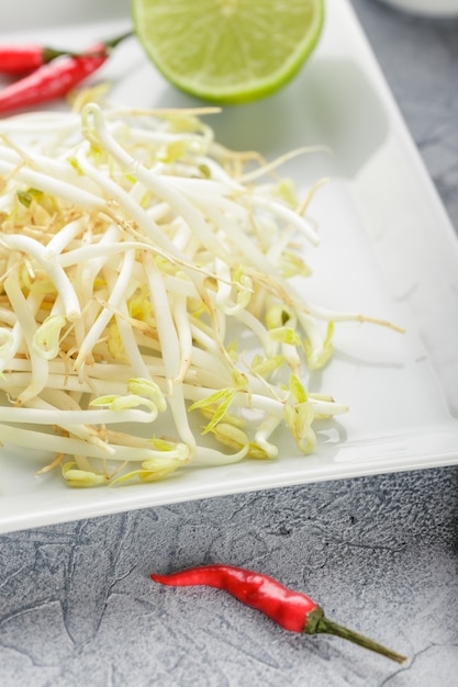 Bean sprouts in white plate.