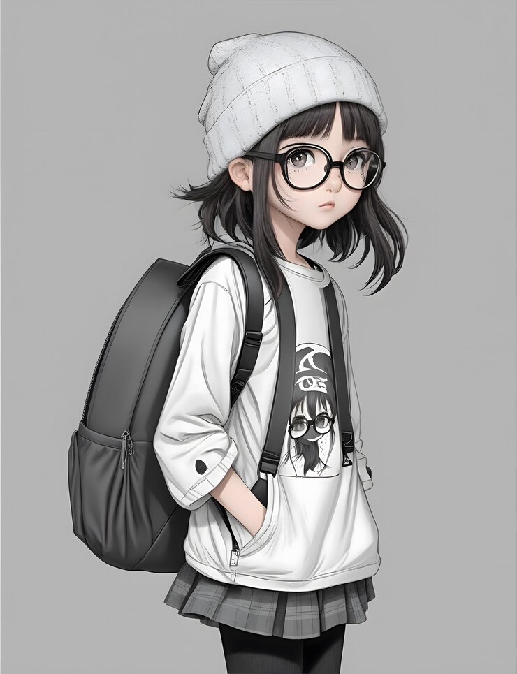 beanie_dark_colored_hair_Tshirtscomic_style_little_gir_