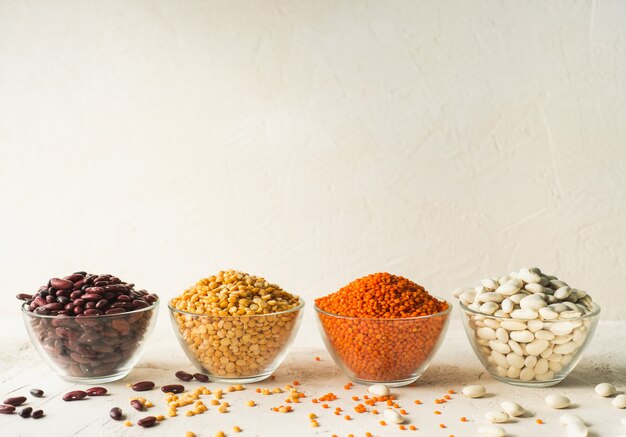 Beans, peas and lentils in bowls