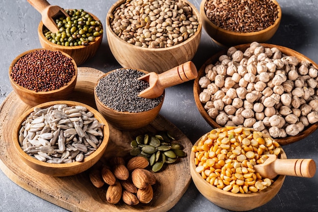 Beans seeds legumes on grey concrete background