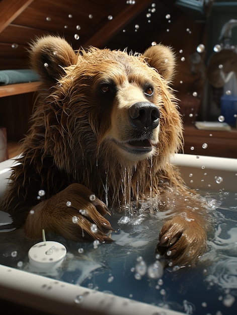 a bear in a bath tub with bubbles in the water