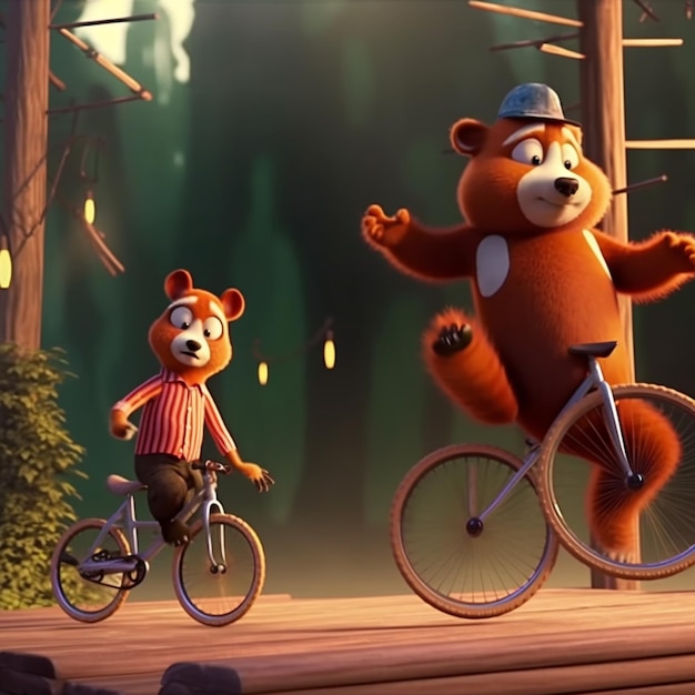 A bear on a bike is next to a bear on a bike.