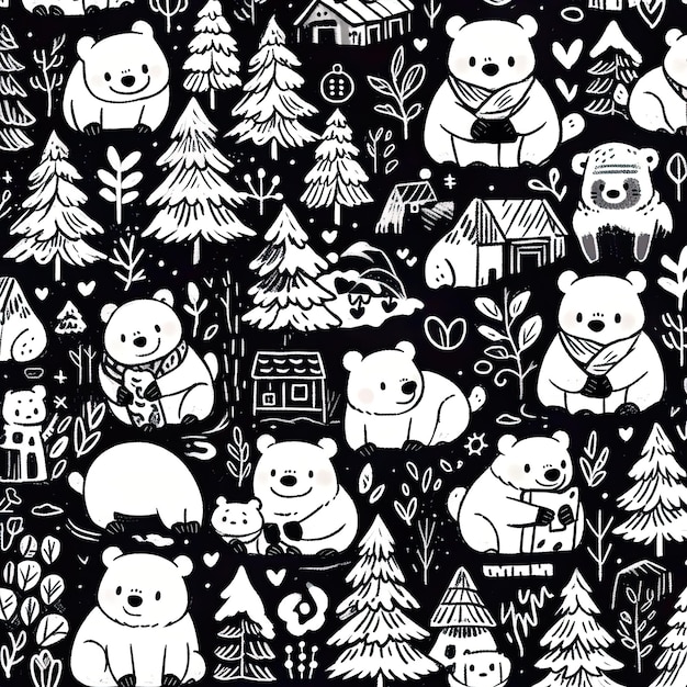 Bear black and white pattern in the style of cartoon billy childish rainbowcore packed with hidden details AI illustration digital virtual generative