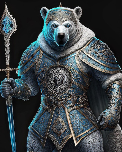 A bear in a blue suit with a sword on it.
