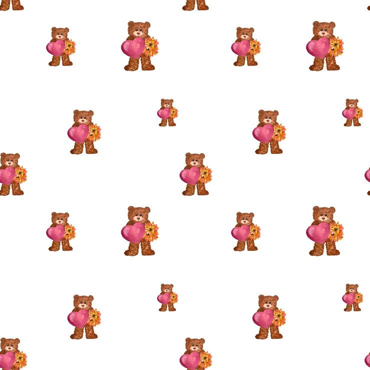 Photo クマ ブラウン ハート フラワー ピンク パターン。水彩イラストです。手描きのテクスチャです。分離されました。