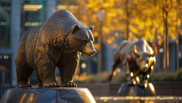 Bear and bull statues in golden light