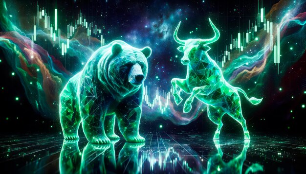 Photo bear and bull with stock market background generative ai