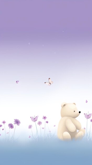 a bear and butterflies are in the background of a purple background