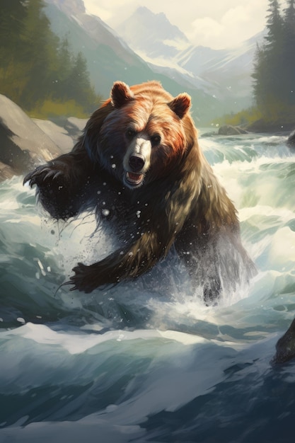 Bear catches salmon in fastflowing river