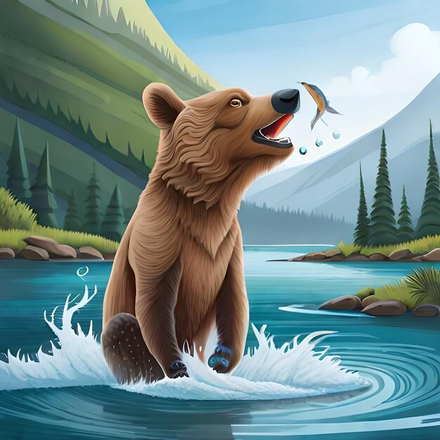 Bear catching salmon in a river