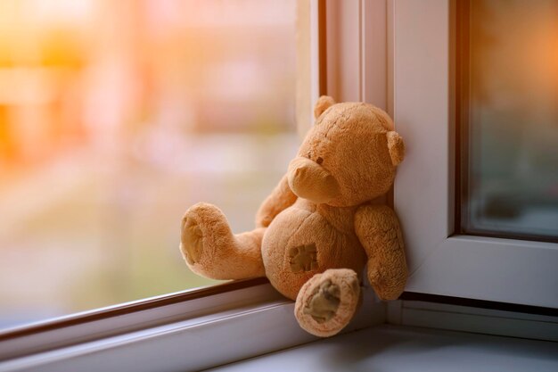 Bear childrens soft toy sitting edge an open windowConcept 사고 with children