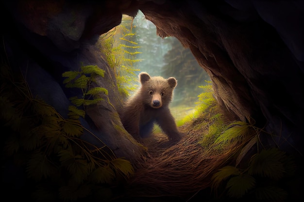 Bear cub discover hidden den with view of forest and mountains