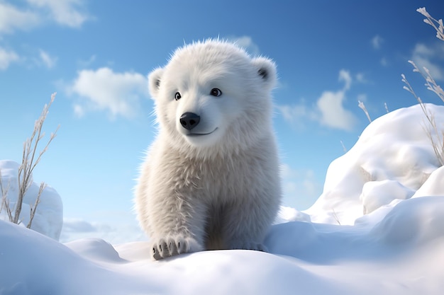 a bear cub is standing in the snow