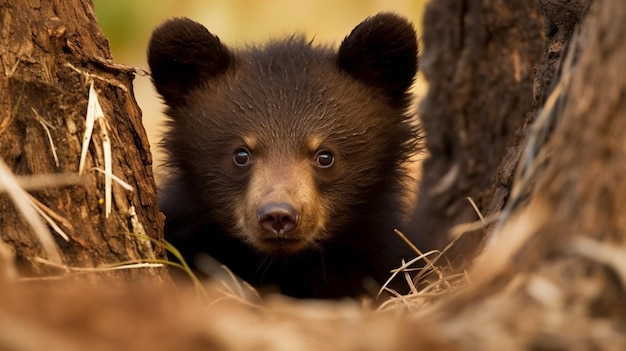 A bear cub is in a tree and looks at the camera.