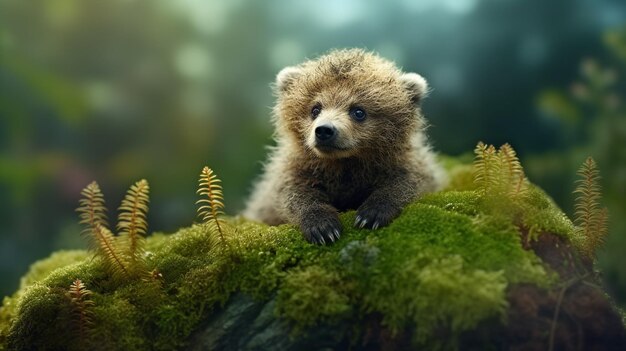 A bear cub sits on a mossy rock.