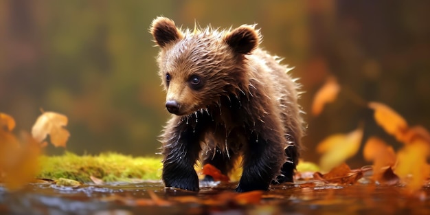 A bear cub walking in the woods