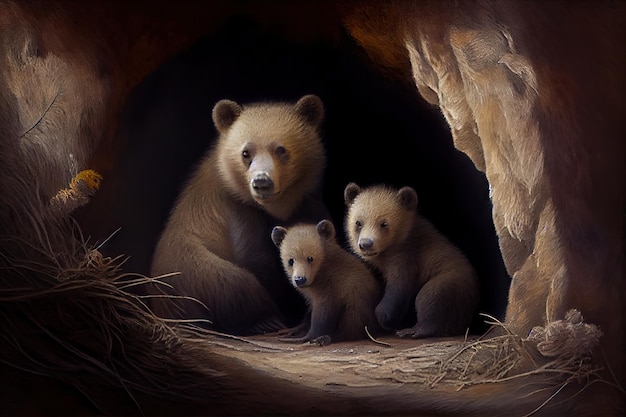 Photo bear cubs playing in their den while their mother keeps watch