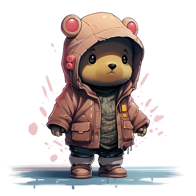 bear cute cartoon in dystopian outfit kawaii style illustration