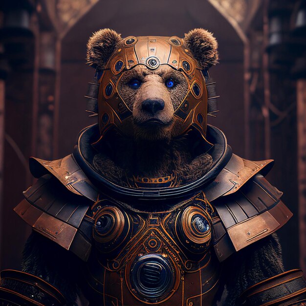 bear in cyberpunk futuristic robotic metal ancient rustic armour outfits