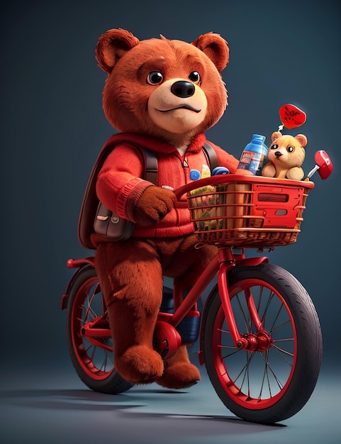 Bear doll on bike with basket and helmet