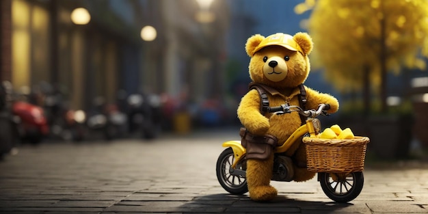 Bear doll on bike with basket and helmet