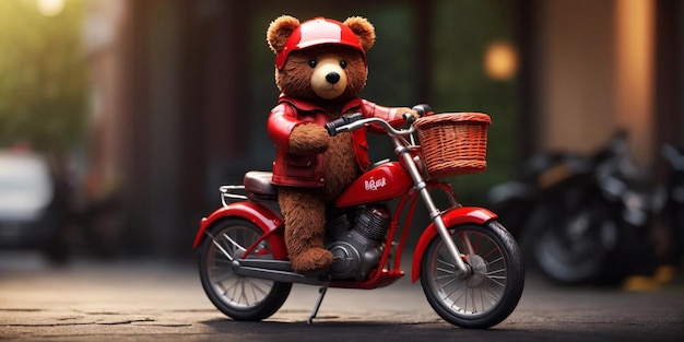 바구니와 헬멧을 들고 자전거를 탄 곰 인형