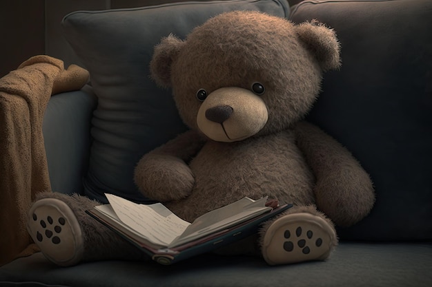 Bear doll on the couch with book in its paw