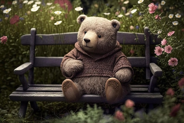 Bear doll sitting on bench in park surrounded by blooming flowers