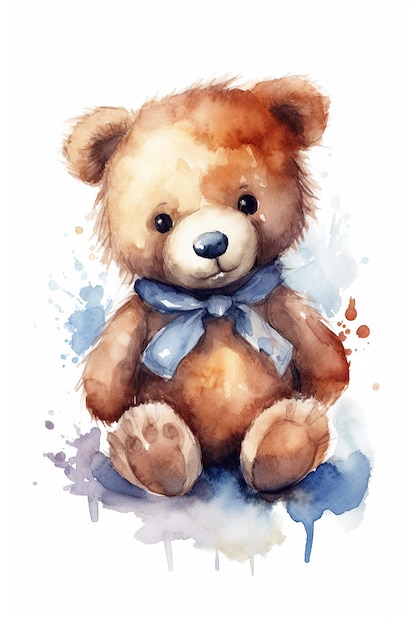 Bear Doll Teddy watercolor clipart cute isolated on white background with Generative AI