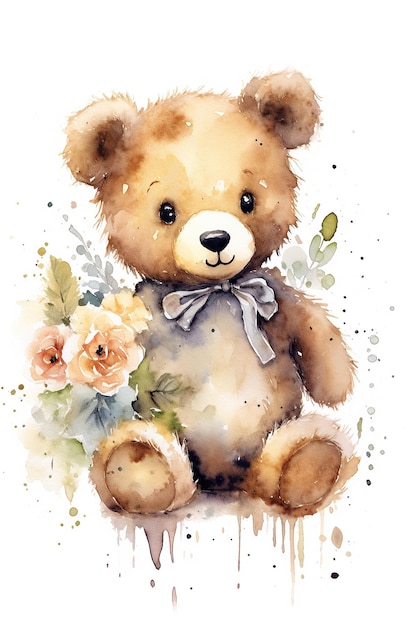 Bear Doll Teddy watercolor clipart cute isolated on white background with Generative AI