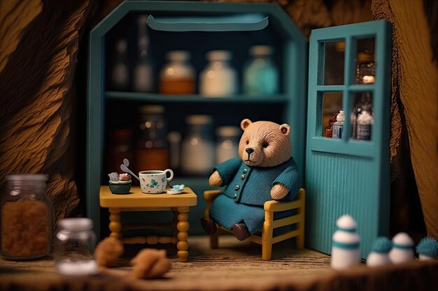 Bear doll in a tiny house with miniature furniture and accessories