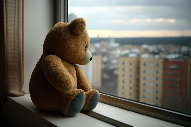 Bear doll on windowsill looking out over the city