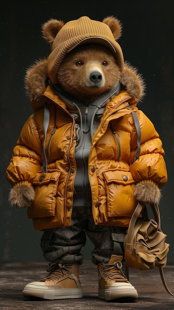 Photo bear in a down jacket and sneakers generative ai