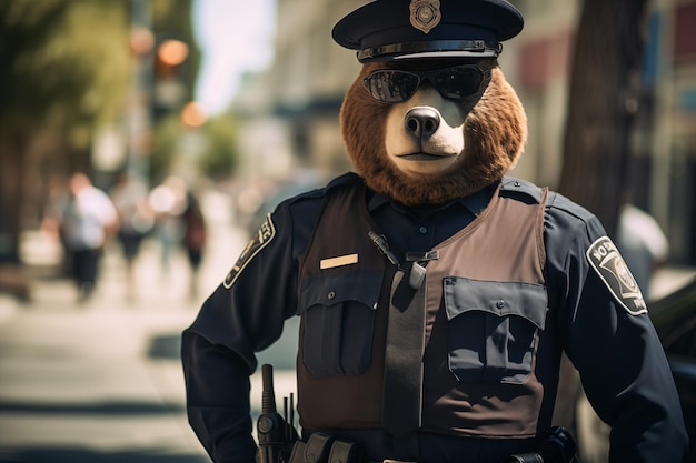 A bear dressed as a police officer patrolling the streets of the city