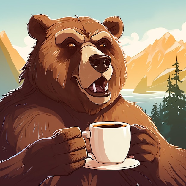 Foto orso che beve caffè